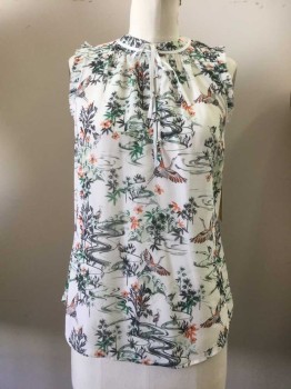 Womens, Shell, H&M, Ecru, Green, Black, Orange, Gray, Polyester, Novelty Pattern, M, Sleeveless, Pullover, Band Collar,  Button Front, Placket, Grosgrain Ribbon Tie, Ruffle Detail at Sleeve Caps