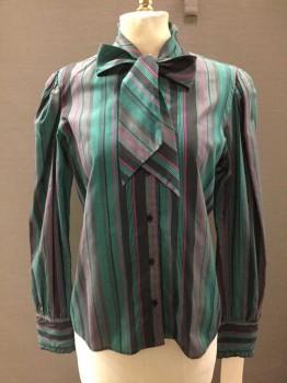 LEVIS, Teal Green, Fuchsia Pink, Gray, Black, Cotton, Stripes - Vertical , Button Front, Long Sleeves, Tie Collar, Ruffle Detail At Cuffs,
