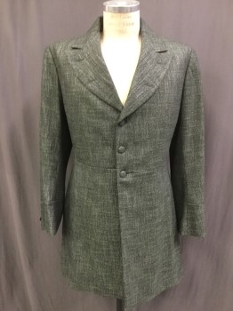 Mens, Historical Fict Suit Piece 1, MTO, Charcoal Gray, Lime Green, Silver, Wool, Tweed, 42, Single Breasted Jacket, 3 Buttons,  Notched Lapel with 2 Button Holes Both Sides, Skirt Above Knee, Cuff Detail,