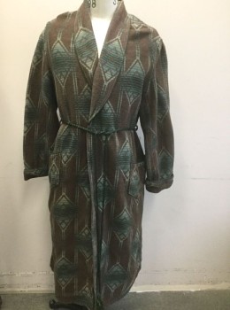 Mens, Robe, N/L, Brown, Sea Foam Green, Cream, Cotton, Geometric, M/L, Southwestern Inspired Geometric Pattern, Long Sleeves, Shawl Lapel, Green Piping Trim, Comes with Green Rope Cord Belt, Made To Order