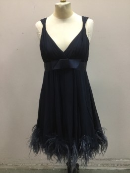 MARCHESSA, Navy Blue, Silk, Feathers, Solid, Chiffon Baby Doll Silhouette. Gros Grain at Empire Line. Ostrich Plum at Hemline. Zipper Center Back, V.neck Sun Damage on Shoulders