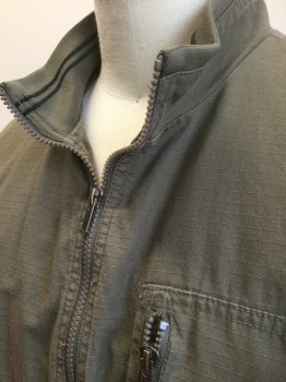 Mens, Casual Jacket, AMERICAN RAG, Olive Green, Cotton, Solid, XXL, Zip Front, Rib Knit Waistband, Cuffs and Trim and Stand Collar, 3 Pockets