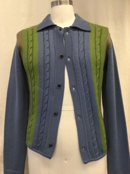 Mens, Sweater, GUILIANO FUJIWARA, Blue, Green, Brown, Wool, Color Blocking, Cable Knit, M, Cardigan, Collar Attached,
