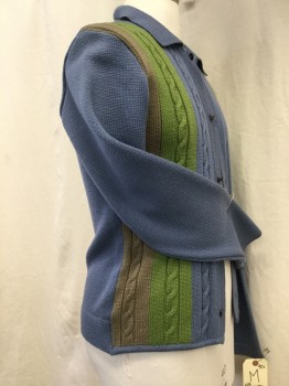 Mens, Sweater, GUILIANO FUJIWARA, Blue, Green, Brown, Wool, Color Blocking, Cable Knit, M, Cardigan, Collar Attached,