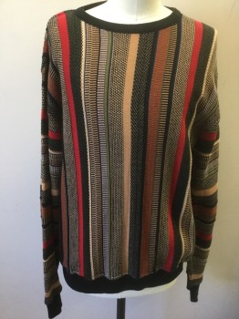Mens, Sweater, NORM THOMPSON, Multi-color, Black, Beige, Red, Olive Green, Cotton, M, Vertical Dotted/Specked Stripes, Knit, Long Sleeves, Pullover, Solid Black Ribbed Crew Neck, Cuffs and Waist, Oversized,