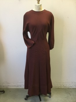 Womens, Dress, Long & 3/4 Sleeve, LE FOU, Chocolate Brown, Rayon, Solid, 6, Crew Neck Front with V. Neck Back, 3/4 Length Sleeves, with Darts at Cuffs. Bias Cut Front Bodice. Panelled Skirt Stitched to Waistband, 2 Slit Pockets at Side Seams, Long Skirt