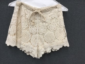 Womens, Shorts, LOVE TREE, Cream, Cotton, Polyester, Solid, M, Crochet Knit Over Polyester Solid Lining, Elastic Drawstring Waist, Braided Drawstring