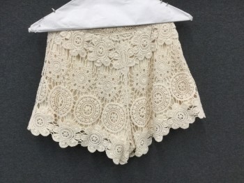 Womens, Shorts, LOVE TREE, Cream, Cotton, Polyester, Solid, M, Crochet Knit Over Polyester Solid Lining, Elastic Drawstring Waist, Braided Drawstring