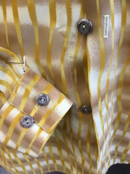 BASSIRI, Lt Yellow, Goldenrod Yellow, Lt Brown, Brown, Yellow, Polyester, Novelty Pattern, Collar Attached, Gold Button Front, Long Sleeves,