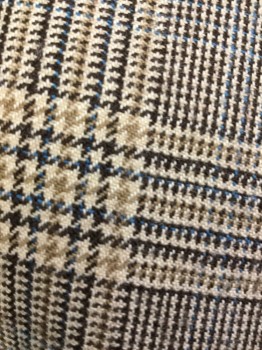 JONES NEW YORK, Tan Brown, Ochre Brown-Yellow, Black, Blue, Wool, Houndstooth, Plaid, Double Breasted, V-neck, 2 Patch Pockets,