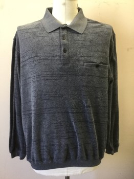 DAVID TAYLOR, Slate Blue, Navy Blue, Polyester, Rayon, Stripes - Horizontal , Slate Blue Terry Cloth with Navy Horizontal Streaks/Stripes Texture, Long Sleeves, Collar Attached, 1 Welt Pocket with Button Closure, 3 Buttons