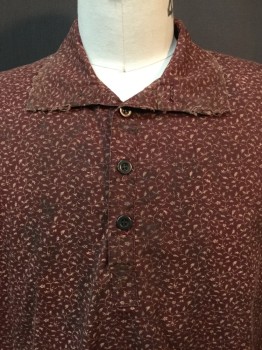 Mens, Historical Fiction Shirt, MTO, Maroon Red, Khaki Brown, Cotton, Polyester, Floral, L, Pull On, 4 Btns,  Collar Attached with Frayed Collar, Long Sleeves with Button Cuffs