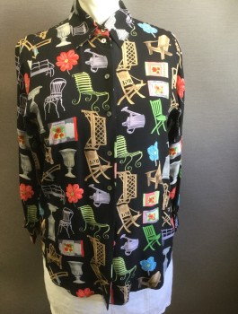 Womens, Blouse, ISHYU, Black, Multi-color, Silk, Novelty Pattern, B:42, 14, Black with Various Patio Chairs, Flowers, and Gardening Supplies Pattern, Long Sleeve Button Front, Collar Attached,