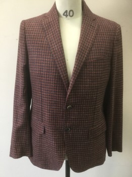 Mens, Sportcoat/Blazer, SAKS 5TH AVE, Blue, Orange, Wool, Silk, Houndstooth, 40R, Single Breasted, 2 Buttons,  Notched Lapel, 3 Pockets,