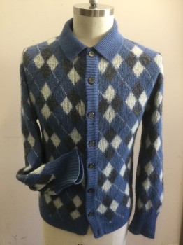 Mens, Sweater, N/L, Steel Blue, Gray, White, Acrylic, Argyle, Large, Button Front, Long Sleeves, Rib Knit Collar Attached, Has a 'Mohair' Look to It.