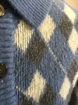 Mens, Sweater, N/L, Steel Blue, Gray, White, Acrylic, Argyle, Large, Button Front, Long Sleeves, Rib Knit Collar Attached, Has a 'Mohair' Look to It.