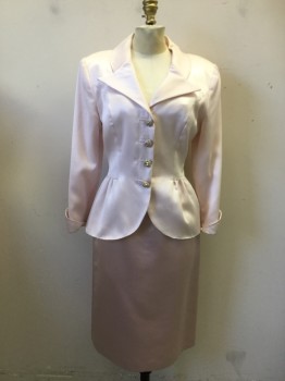 Womens, 1990s Vintage, Suit, Jacket, VICTOR COSTA, Ballet Pink, Acetate, Polyester, Solid, B 34, 8, Evening Jacket, Horizontal Ribbed, Shawl Collar with Notch Lapel, 3/4 Sleeve with Rolled Up Hem, 4 Gold/Rhinestone Buttons, Hip Peplum, *Note: Skirt is a Large Size 8, While Jacket Fits More Like a 6