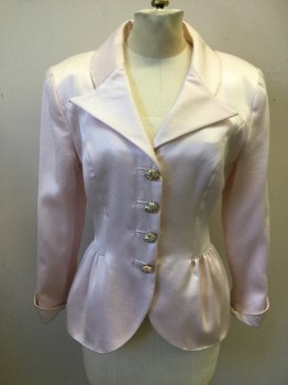 Womens, 1990s Vintage, Suit, Jacket, VICTOR COSTA, Ballet Pink, Acetate, Polyester, Solid, B 34, 8, Evening Jacket, Horizontal Ribbed, Shawl Collar with Notch Lapel, 3/4 Sleeve with Rolled Up Hem, 4 Gold/Rhinestone Buttons, Hip Peplum, *Note: Skirt is a Large Size 8, While Jacket Fits More Like a 6