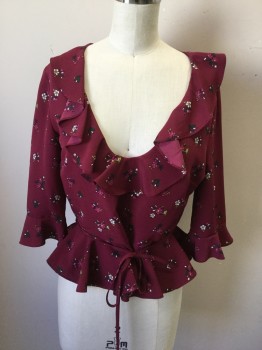 TOPSHOP, Red Burgundy, Fuchsia Pink, White, Green, Polyester, Floral, Deep Scoop Neck with Ruffle Detail, 3/4 Sleeve with Ruffle Hem, Ruffle Peplum, Self Spaghetti Strap Belt with Loops