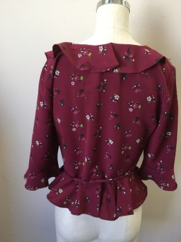 TOPSHOP, Red Burgundy, Fuchsia Pink, White, Green, Polyester, Floral, Deep Scoop Neck with Ruffle Detail, 3/4 Sleeve with Ruffle Hem, Ruffle Peplum, Self Spaghetti Strap Belt with Loops