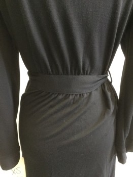 CHARTER CLUB, Black, Polyester, Rayon, Solid, Open Front, Long Sleeves, Belt Attached at Back, Gathered at Back Belt, Belt Loops, Above Knee, Interior Waist Tie