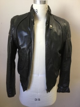 Mens, Leather Jacket, N/L, Black, Leather, Solid, S, Aged Motorcycle Jacket, Zip Front, Collar with Snap Belt Band, 2 Pockets, Smocked Elastic Waistband, Half Zip Sleeve, Reinforced Shoulders/Elbows