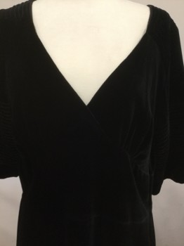 NICHOLSON, Black, Silk, Solid, Black Velvet, Empire Waist, Cross Over V-neck, Short Sleeves with Pin Tuck Detail