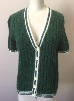 N/L, Forest Green, White, Multi-color, Wool, Solid, Speckled, Forest Green with Multicolor Confetti Speckles, Ribbed Knit, White Striped Edges at Hem, Sleeves, V-neck and Button Placket, 1/2 Sleeves,