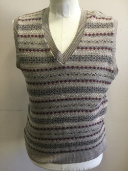Mens, Vest, ST. MICHAEL, Taupe, Brick Red, Gray, Acrylic, Fair Isle, 40, V-N, Pullover, Ribbed Knit V-neck/Armhole/Waistband,