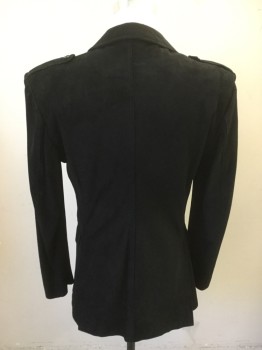 Mens, Leather Jacket, N/L, Black, Leather, Solid, 38R, Suede Blazer, Single Breasted, Collar Attached, Peaked Lapel, Epaulets, Long Sleeves, 3 Flap Pockets