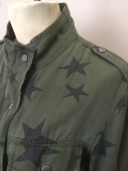 Womens, Casual Jacket, RAILS, Olive Green, Black, Lyocell, Linen, Stars, XS, Olive Twill with Black Stars Repeating Pattern, Zip and Snap Front, Stand Collar, Epaulettes at Shoulders, Drawstring Waist, 2 Large Pockets at Chest with Snap Closures