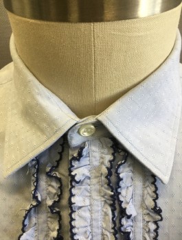 Mens, Formal Shirt, ANTO, Powder Blue, Navy Blue, Cotton, Solid, Slv:33, N:16, Self Diamond Texture, Long Sleeve Button Front, Collar Attached, Ruffled Front with Navy Edging, French Cuffs with Ruffled Edges, Made To Order Reproduction