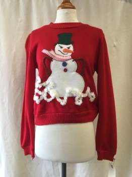 Womens, Pullover, CENTRAL QUESTS, Red, Synthetic, Holiday, S, Crew Neck, Snowman Appliqué, Cropped