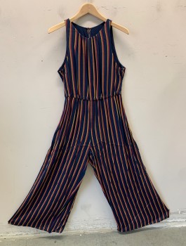 Womens, Jumpsuit, N/L, Navy Blue, Cranberry Red, Mustard Yellow, White, Rayon, Stripes - Vertical , W32-34, B:38, Crepe, Sleeveless, Scoop Neck, Gathered at Neckline, Elastic Waist, Full Length Wide Legs, Self Belt Ties at Waist, Invisible Zipper in Back, 1 Button at Center Back Neck, Has a Double