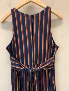 Womens, Jumpsuit, N/L, Navy Blue, Cranberry Red, Mustard Yellow, White, Rayon, Stripes - Vertical , W32-34, B:38, Crepe, Sleeveless, Scoop Neck, Gathered at Neckline, Elastic Waist, Full Length Wide Legs, Self Belt Ties at Waist, Invisible Zipper in Back, 1 Button at Center Back Neck, Has a Double