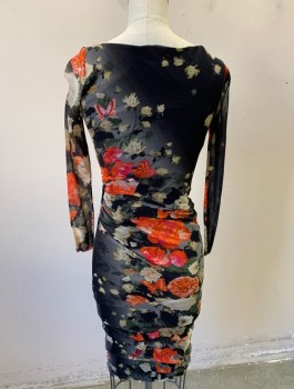 FUZZI, Black, Rust Orange, Fuchsia Pink, Gray, Beige, Polyamide, Floral, Sheer Net, 3/4 Sleeves, Scoop Neck, Ruched at Side Waist, Form Fitting, Knee Length