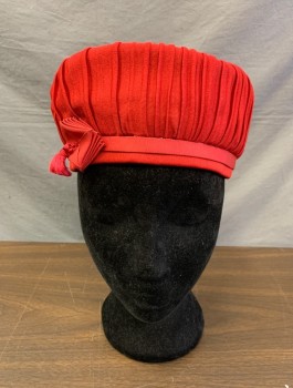 FRENCH ROOM MILLINER, Red, Acetate, Silk, Solid, Pleated Texture Fabric on Pillbox Structure, Square Shaped Pleated Grosgrain Detail with Hanging Tassle,