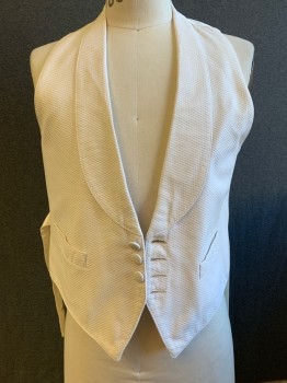 FOX17, Off White, Cotton, Wool, Pique Self Pattern, Shawl Lapel, Single Breasted, Button Front, 3 Fabric Covered Buttons (1 Missing), 2 Pockets, Belted Back (Stain on Belt)