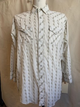 Mens, Western Shirt, RANCH WEAR, White, Taupe, Lt Brown, Black, Poly/Cotton, Floral, Stripes - Vertical , 17/34, Western Yolk, Snap Button Front, 2 Flap Pockets with Snap Closures, Collar Attached, Floral Stripes