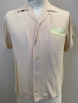 Mens, Shirt, SAN REMO, Beige, Yellow, Linen, Plaid, M, Sport-shirt, Collar Attached, Button Front, Short Sleeves, Yellow Trim on Pocket, Yellow Embroidery on Right Chest