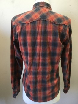 DECREE, Faded Black, Red, Orange, Cotton, Plaid, Button Front, Long Sleeves, 2 Pockets with 2 Points Pocket Flaps with 2 Black Snaps. Western Yoke,