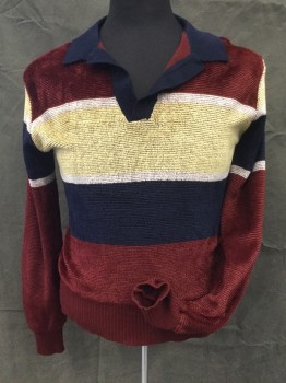 C.S.&CO, Rust Orange, Navy Blue, Lt Yellow, White, Acrylic, Stripes - Horizontal , Pull On, No Buttons, Long Sleeves, Chenille, Rib Knit Cuffs and Waistband,
