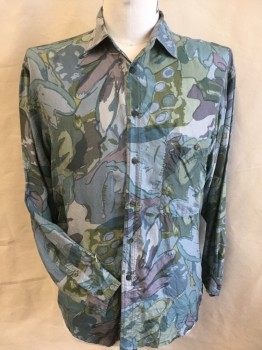 ROMANTICISMO, Green, Teal Blue, Sea Foam Green, Purple, Olive Green, Silk, Abstract , Collar Attached, Button Front, 1 Pocket, Long Sleeves, Curved Hem