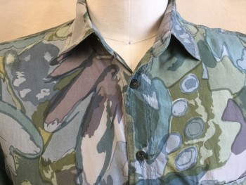 ROMANTICISMO, Green, Teal Blue, Sea Foam Green, Purple, Olive Green, Silk, Abstract , Collar Attached, Button Front, 1 Pocket, Long Sleeves, Curved Hem