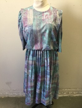 N/L, Aqua Blue, Purple, Lavender Purple, Gray, Polyester, Abstract , 3/4 Sleeves, Round Neck, Elastic Waist, Pleated Skirt, Knee Length, Single Pleat at Each Shoulder,