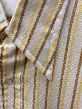 TOWNCRAFT PENN PREST, White, Yellow, Brown, Cotton, Polyester, Stripes, Self Woven Texture, Short Sleeves, Button Front, Collar Attached, 1 Pocket,