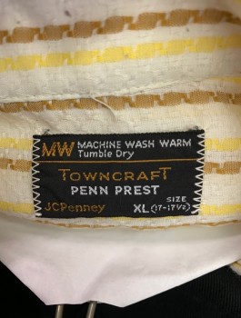 TOWNCRAFT PENN PREST, White, Yellow, Brown, Cotton, Polyester, Stripes, Self Woven Texture, Short Sleeves, Button Front, Collar Attached, 1 Pocket,