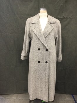 Womens, Coat, CHARLES KLEIN, Black, White, Wool, Herringbone, B 40, Wide Herringbone, Double Breasted, Collar Attached, Notched Lapel, 2 Pockets, Long Sleeves, Raglan Long Sleeves, Button Tab at Cuff, Large Back Yoke Vent with Center Back Pleat