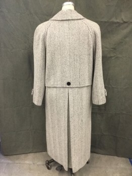 Womens, Coat, CHARLES KLEIN, Black, White, Wool, Herringbone, B 40, Wide Herringbone, Double Breasted, Collar Attached, Notched Lapel, 2 Pockets, Long Sleeves, Raglan Long Sleeves, Button Tab at Cuff, Large Back Yoke Vent with Center Back Pleat