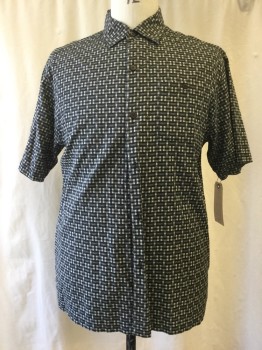 TOMMY BAHAMA, Gray, Dk Gray, Black, Silk, Cotton, Novelty Pattern, Button Front, Collar Attached, Short Sleeves, 1 Pocket,